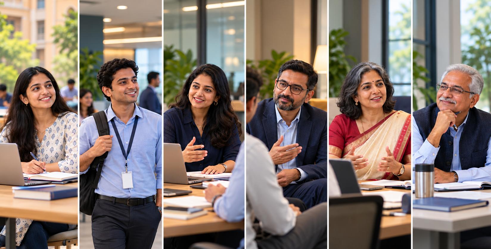 Six people representing the employee journey, from a pre-joiner and new hire through professionals, managers and leaders to retirement.